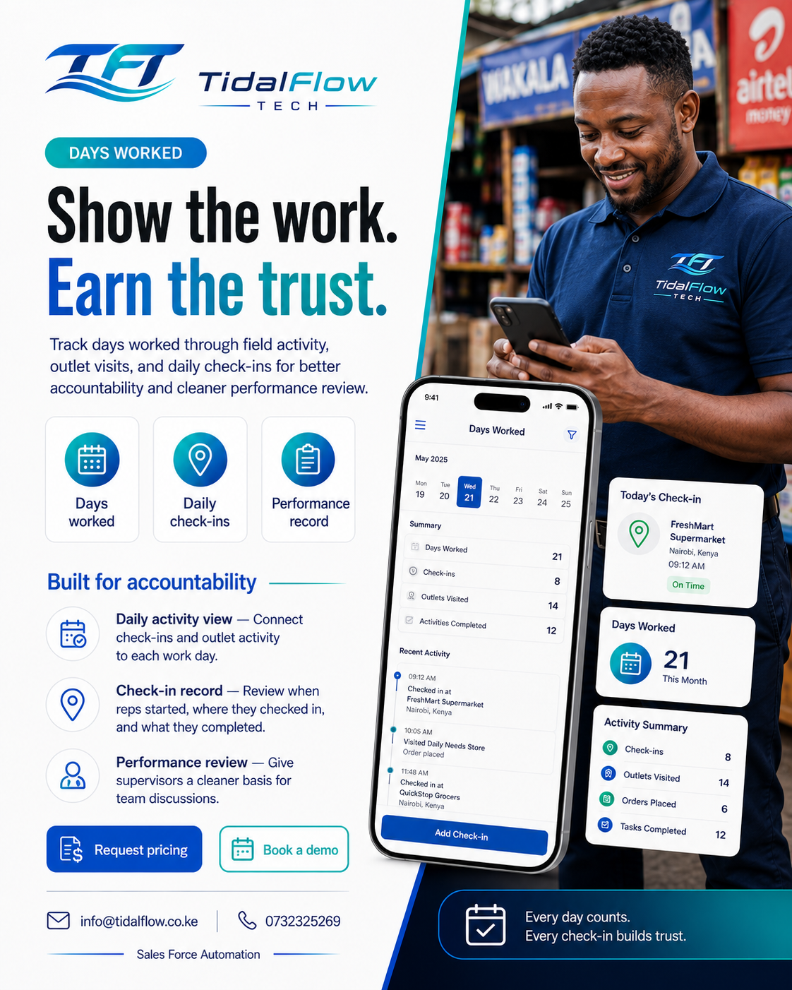 TidalFlow SFA days worked and activity app screen